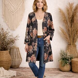 Solitaire x Anthropologie Floral Microsuede Longline Kimono Jacket Pockets NWT